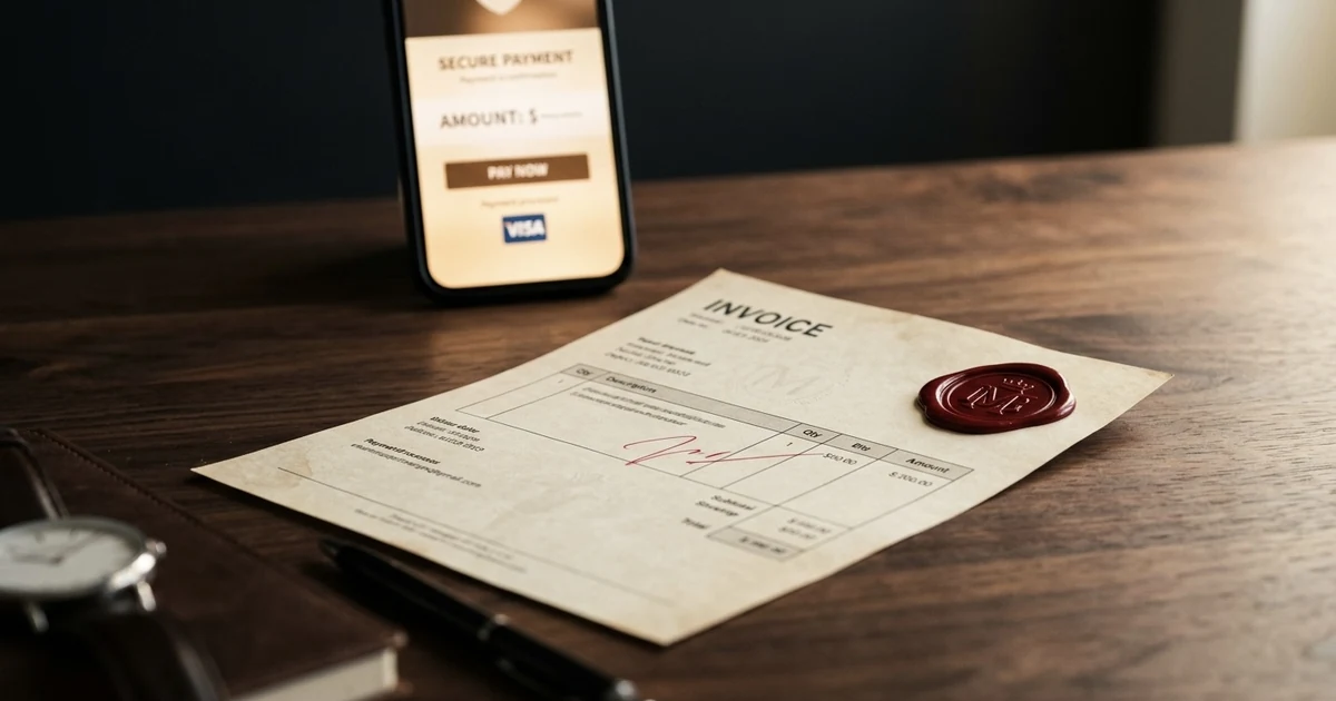 Illustration of an invoice and a payment link on a phone — deposits and payment setup for service businesses