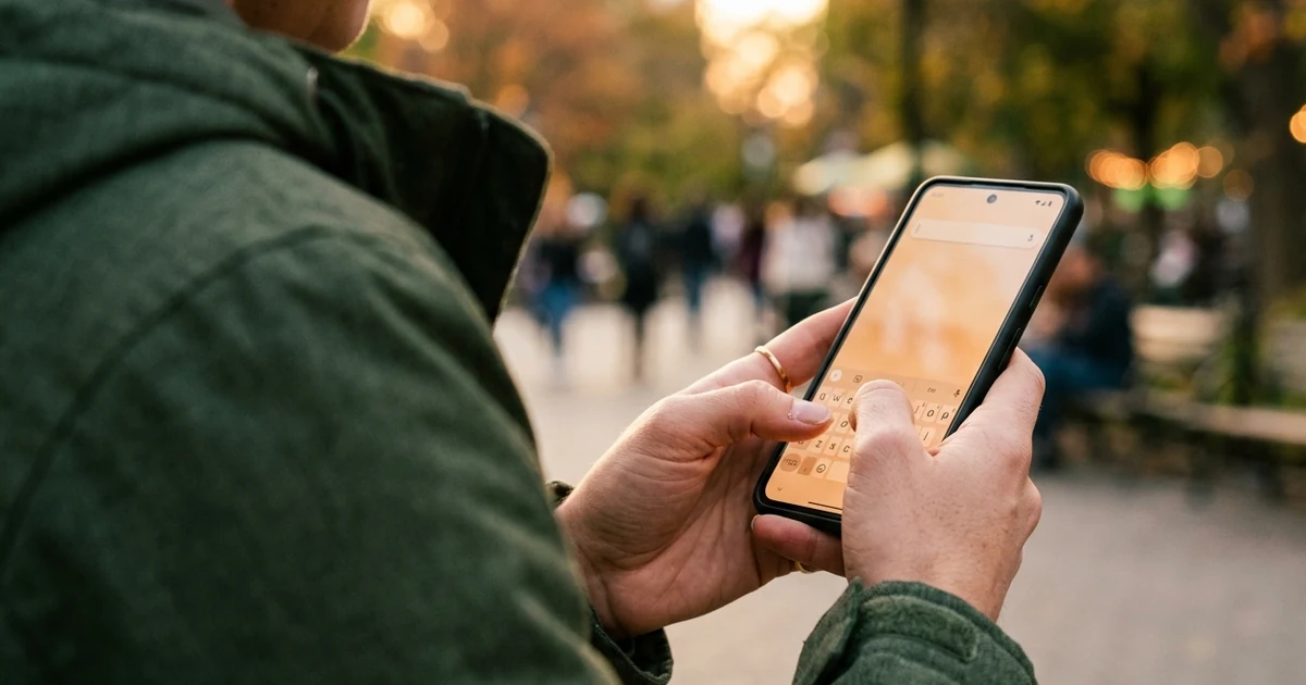Person typing a search query into their phone outdoors