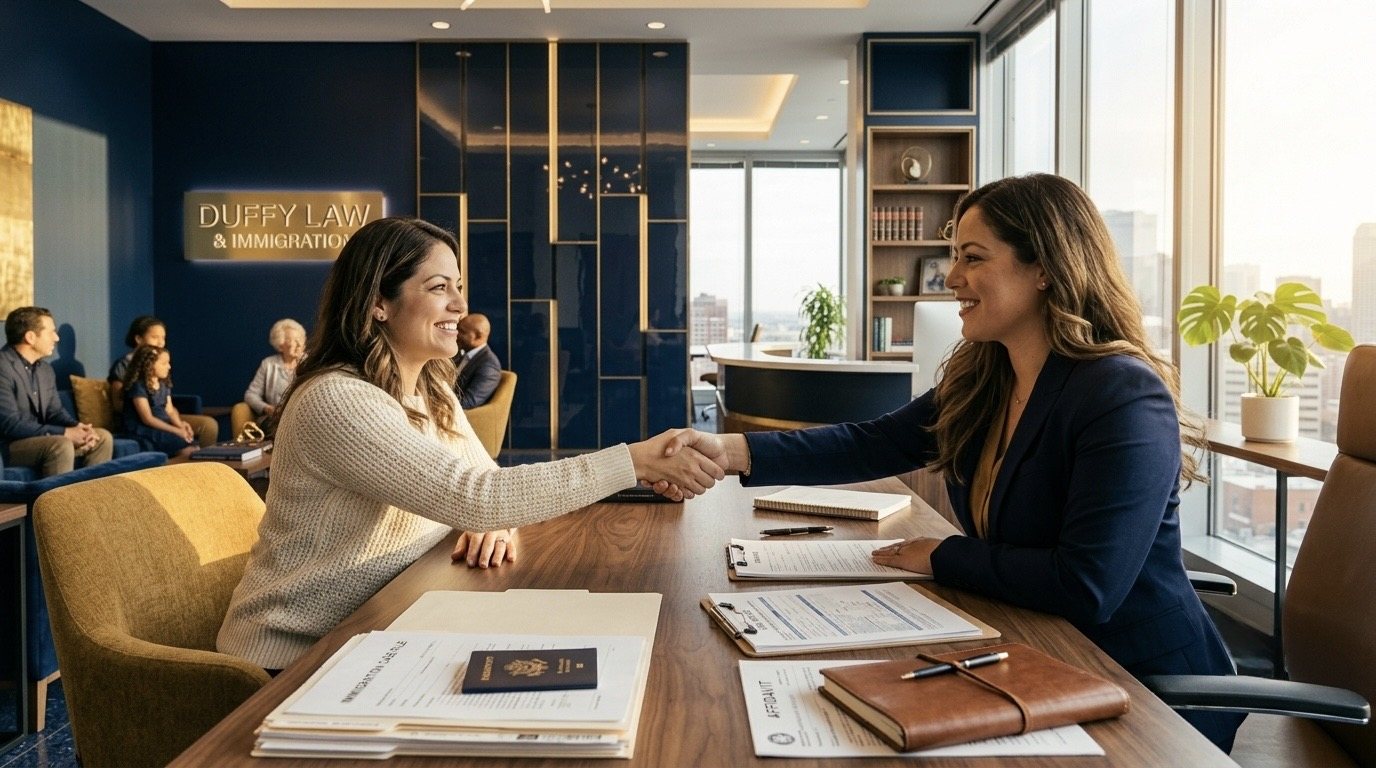 Duffy Law & Immigration attorney meeting with a client